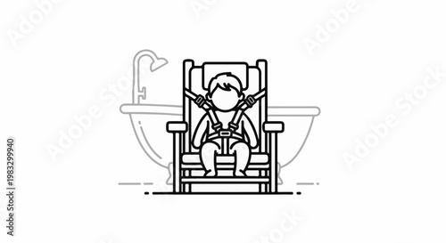 Child in a car seat in front of a bathtub and shower fixture