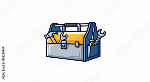 Cartoon toolbox with hammer, screwdrivers, and wrenches