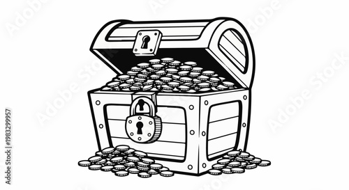 Cartoon treasure chest overflowing with gold coins and a padlock