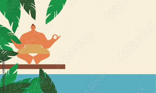 Minimalist illustration of a calm woman meditating near a pool surrounded by tropical leaves. Concept of mindfulness, relaxation, mental health, summer vacation, balance and inner peace.