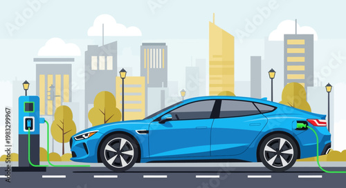 Electric car charging at station.