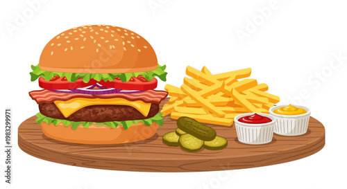 Delicious cheeseburger with fries and pickles.