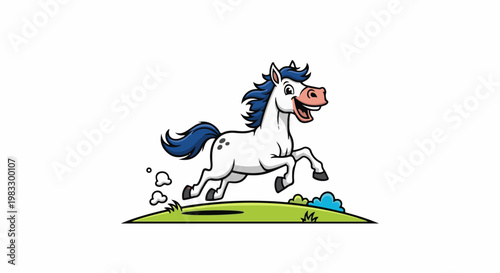 Cartoon white horse with blue mane and tail bounding happily