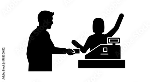 A customer hands a credit card to a cashier at a checkout counter with a cash register.