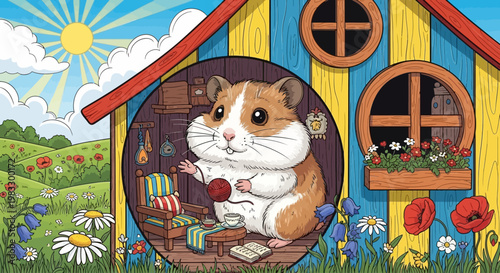 Cute hamster holding a red apple.