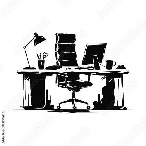 Black and white illustration of a cluttered office desk with a computer chair and supplies Keywords: office desk, workstation, computer