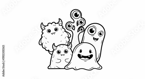 Cartoonish, smiling monsters with big eyes and varied shapes