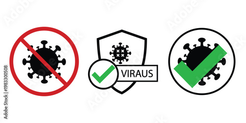 Set of virus protection icons, antivirus signs, shield with check mark and crossed out virus vector illustration