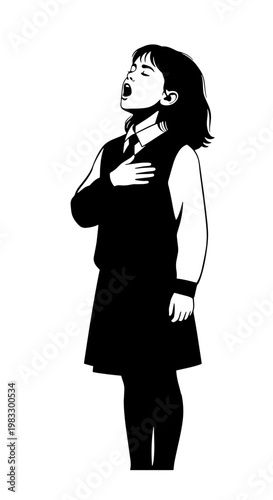 Young girl in school uniform singing or reciting with hand over heart, black and white graphic.