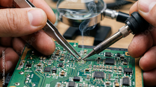 Close-up of hands precisely soldering electronic circuit board with tweezers and magnifying glass.