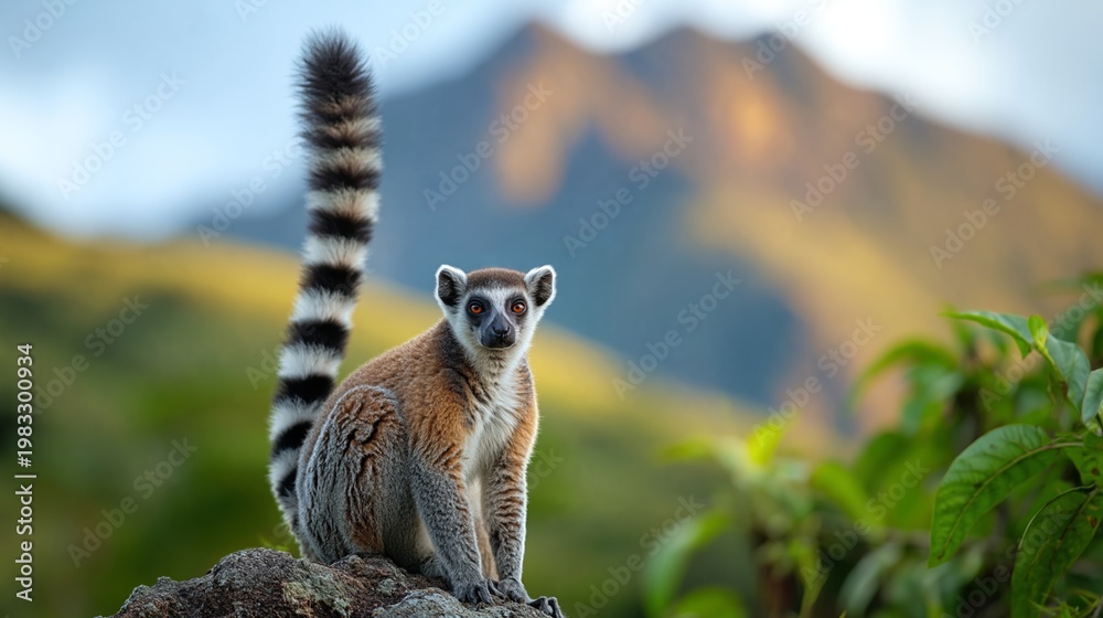 Fototapeta premium Ring-tailed lemur sitting on a rock with a blurred mountainous landscape and green foliage in the background, showcasing its distinctive striped tail and curious expression