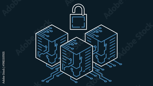 Neon circuit server rack with floating digital lock – Great for firewall protection, IT infrastructure, or web security.