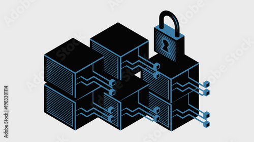Black server rack with electric blue circuits and padlock – Suitable for network safety, digital assets, or high-tech storage.