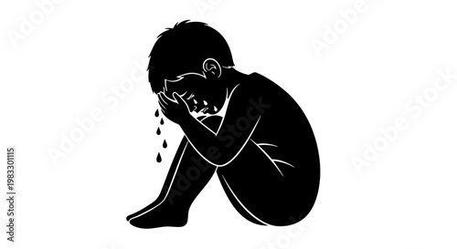 A silhouette of a crying child sitting alone, expressing sadness and despair.