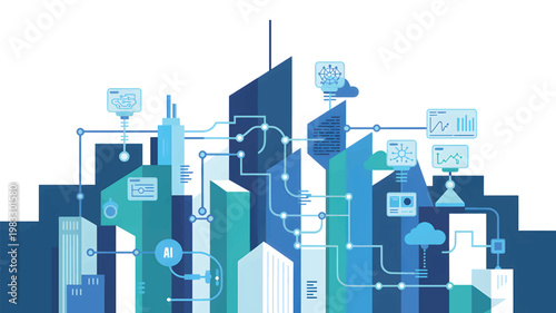 Blue cityscape with interconnected data nodes, digital network lines, and ai skyline buildings