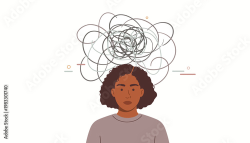 A person with swirling thoughts and overthingking emotions illustrated in a simple style