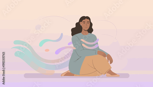 Woman sits cross-legged with swirling elements around her body on ground