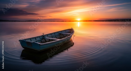 Lonely Wooden Boat Floating on Calm Lake at Colorful Sunrise with Soft Mist and Reflections Creating Peaceful Nature Landscape