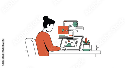 Businesswoman working on laptop, online video editing, digital workflow, office productivity