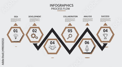 Minimalist Process Flow Infographic with Hexagonal Steps and Icons Representing Key Stages