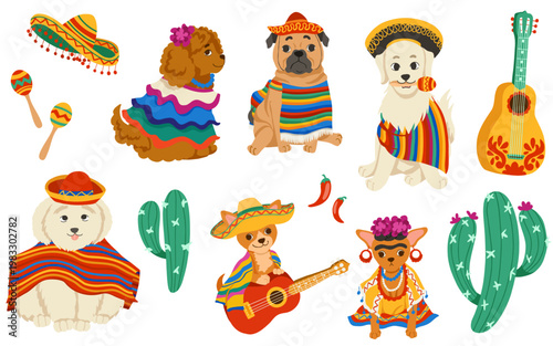 Mexican festive dog set with cute pets in sombrero, poncho and traditional costumes, guitar and cactus. Bright flat fiesta collection for party design, greeting cards, posters, kids prints, branding