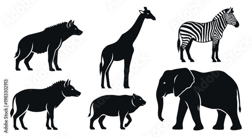 African Safari Animals Silhouettes Collection on White Background