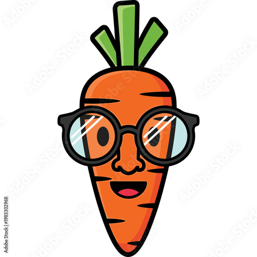 A cheerful cartoon carrot character wearing glasses smiles sweetly.