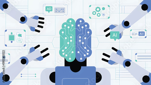 Robotic arms surrounding a split teal and blue digital brain with a data interface on grid technology