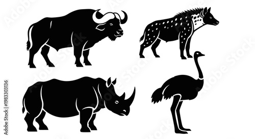 African Wild Animals Silhouettes Set: Buffalo, Hyena, Rhinoceros, and Ostrich Vector Icons