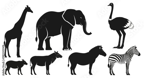 African Wildlife Animal Silhouettes Set. Safari Fauna Collection