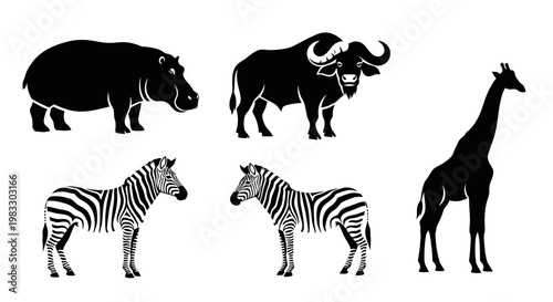 African Wildlife Silhouettes Collection - Hippo, Buffalo, Giraffe, Zebra Vector Set