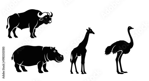 African Wildlife Silhouettes Collection: Buffalo, Hippo, Giraffe, Ostrich Vector Set