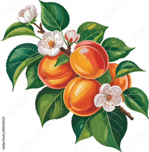 Ripe Apricots with Blossoms and Leaves on Branch - Stock Illustration