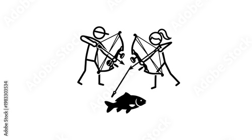 Stick Figure Archers Aiming at Fish