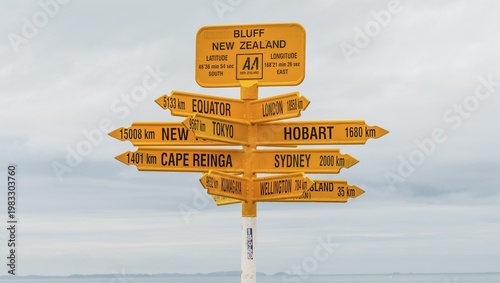 Yellow signs, signpost with different destinations, cities and distances, Bluff, South Island, New Zealand