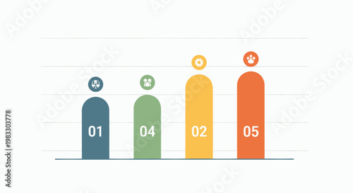 Simple bar chart infographic with numbered bars and icons, representing data progression or categories