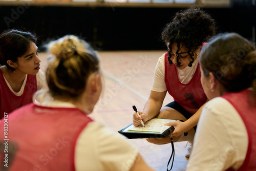 Coach explaining strategy to female basketball players