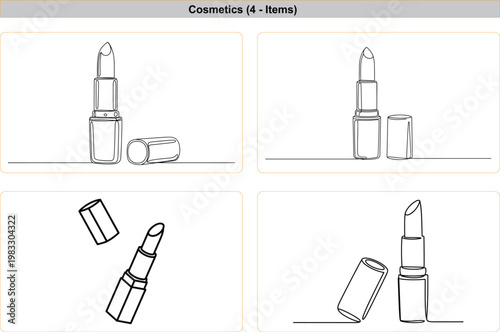 Continuous one line drawing of beautiful lipstick set, elegant makeup cosmetic product sketch, female fashion beauty accessory illustration, minimalist art.