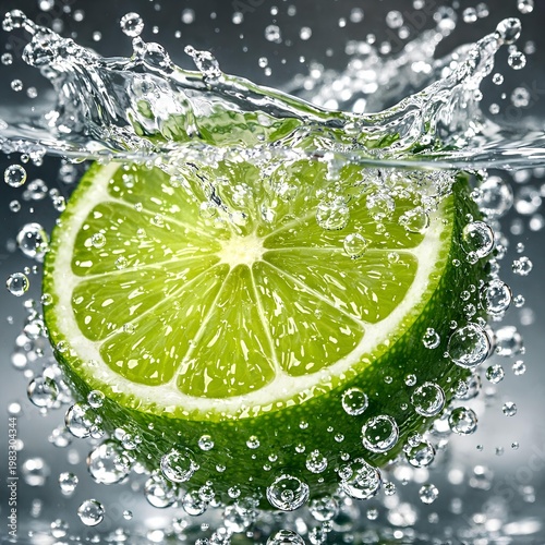 macro shot of a vibrant green lime slice sinking into clear bubbling soda
