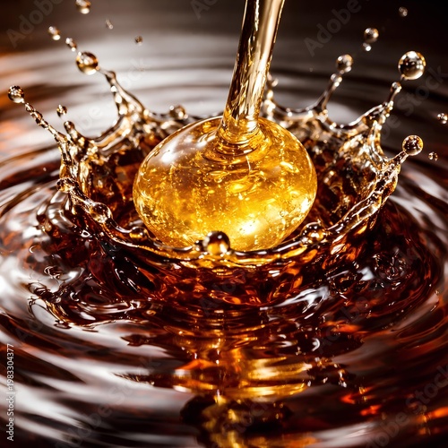 macro shot of a thick golden honey globule hitting a pool of dark tea