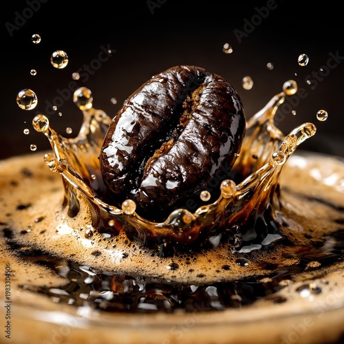 macro shot of a single dark roasted coffee bean dropping into hot espresso
