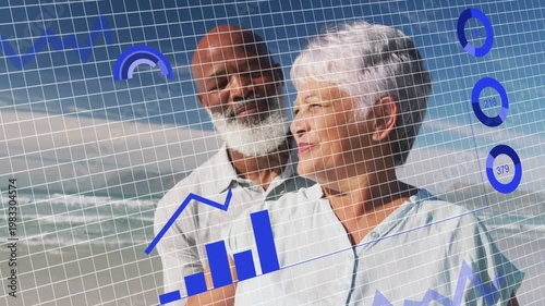 Vertical video: Finance charts animating, rising over seniors on sand, bars growing, line climbing