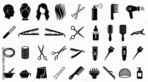 Cosplay Wig Styling Icons. Wig styling for cosplay. Solid icons set of Wig styling for cosplay: wig head, wig cap, lace front wig, hair wefts,
