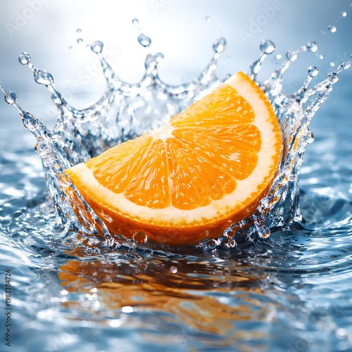 macro shot of a fresh orange slice hitting cool blue water