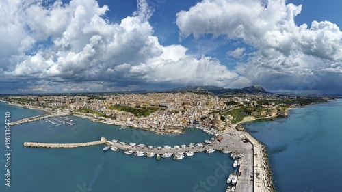 Aerial view, panorama, harbor in front, fishing port, fishing boats, ships, marina on the left, Sciacca, picturesque, port town, thermal spa, Agrigento Free Community Consortium, Sicily region, Italy, Mediterranean