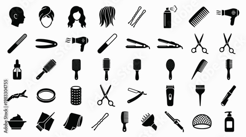 Cosplay Wig Styling Icons. Wig styling for cosplay. Solid icons set of Wig styling for cosplay: wig head, wig cap, lace front wig, hair wefts,
