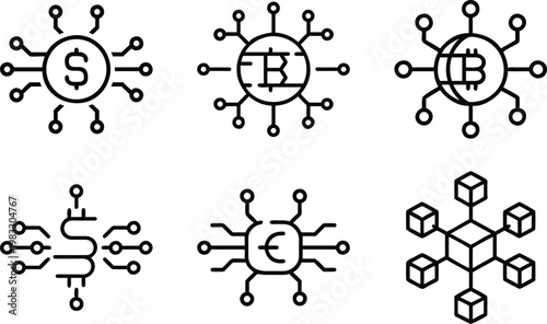 Digital currency icons set for finance and blockchain technology on transparent background.