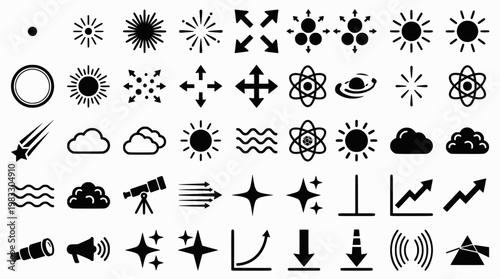 Minimalist vector icons: astrophysics, weather, and physics illustrations collection
