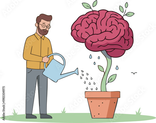 Man watering a growing brain plant in a pot