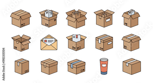 Cardboard boxes in stacks and scattered arrangement.